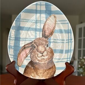 HENRY BUNNY Set of 4 Salad egg Plates EASTER Rabbit Blue White Plaid 8”x7”